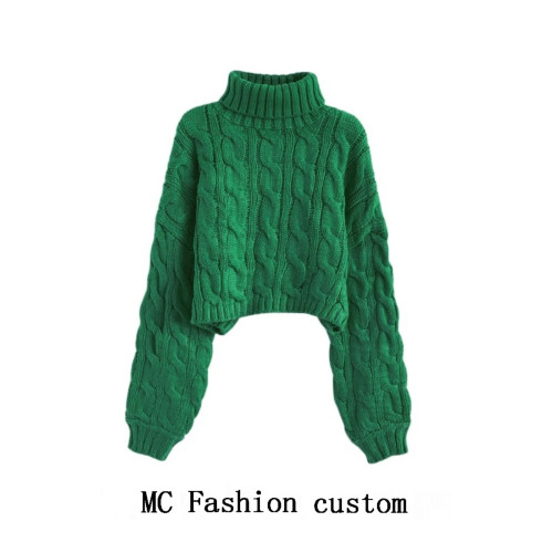 品牌折釦高領套頭短款麻花毛衣女秋冬新款慵嬾風寬鬆加厚針織外穿