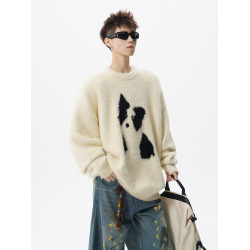 美式卡通小狗套頭毛衣男冬季馬海毛圓領針織衫慵懶感休閒情侶內搭