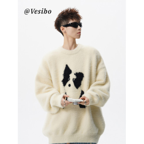 美式卡通小狗套頭毛衣男冬季馬海毛圓領針織衫慵懶感休閒情侶內搭 美式卡通小狗套頭毛衣男冬季馬海毛圓領針織衫慵懶感休閒情侶內搭