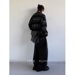 秋冬新款日系復古撞色條紋套頭圓領毛衣男女慵懶風打底針織衫外套