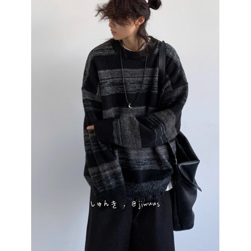 秋冬新款日系復古撞色條紋套頭圓領毛衣男女慵懶風打底針織衫外套 秋冬新款日系復古撞色條紋套頭圓領毛衣男女慵懶風打底針織衫外套