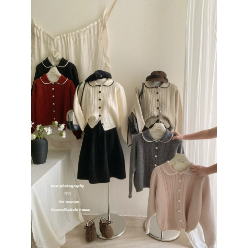 復古拼色娃娃領包釦針織毛衣女秋冬溫柔甜美復古麻花軟糯開衫外套