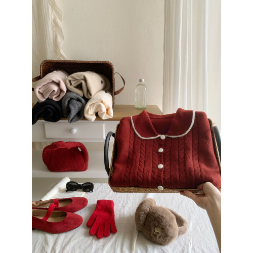 復古拼色娃娃領包釦針織毛衣女秋冬溫柔甜美復古麻花軟糯開衫外套