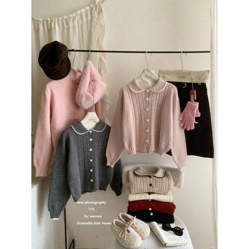 復古拼色娃娃領包釦針織毛衣女秋冬溫柔甜美復古麻花軟糯開衫外套