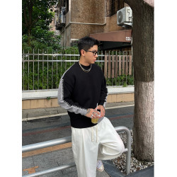 秋冬新款小衆設計感拼接撞色針織衫男圓領套頭毛衣打底衫潮流上衣