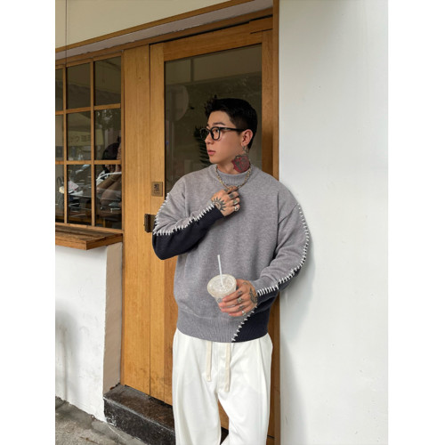 秋冬新款小衆設計感拼接撞色針織衫男圓領套頭毛衣打底衫潮流上衣 秋冬新款小衆設計感拼接撞色針織衫男圓領套頭毛衣打底衫潮流上衣