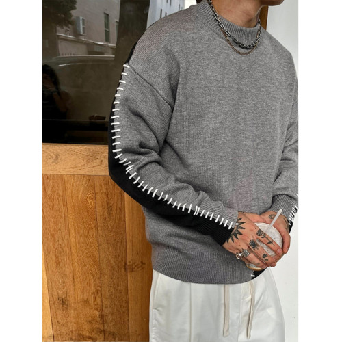 秋冬新款小衆設計感拼接撞色針織衫男圓領套頭毛衣打底衫潮流上衣 秋冬新款小衆設計感拼接撞色針織衫男圓領套頭毛衣打底衫潮流上衣