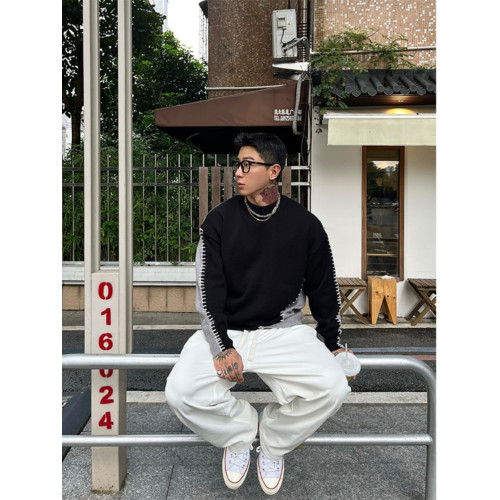秋冬新款小衆設計感拼接撞色針織衫男圓領套頭毛衣打底衫潮流上衣 秋冬新款小衆設計感拼接撞色針織衫男圓領套頭毛衣打底衫潮流上衣