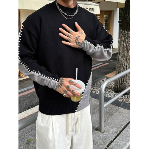 秋冬新款小衆設計感拼接撞色針織衫男圓領套頭毛衣打底衫潮流上衣 秋冬新款小衆設計感拼接撞色針織衫男圓領套頭毛衣打底衫潮流上衣