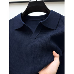 高級男士秋冬款翻領毛衣時尚休閒純色V領針織打底衫純色T恤上衣潮