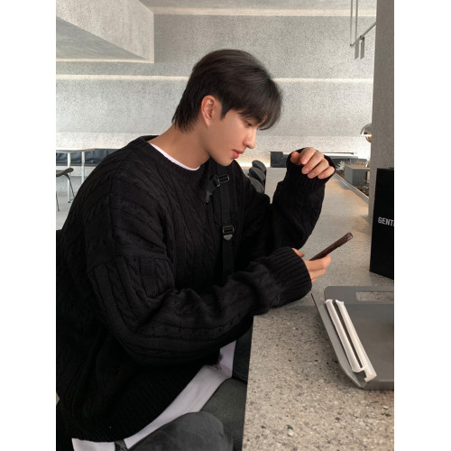 SSUMENAM「極簡風 麻花紋理」黑色毛衣男秋冬極簡內搭針織衫外套