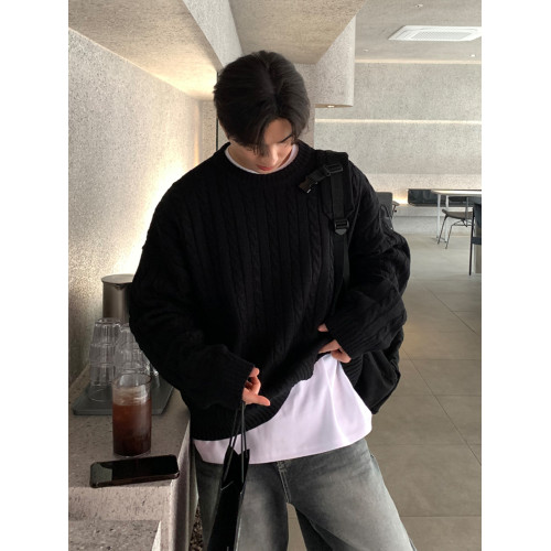 SSUMENAM「極簡風 麻花紋理」黑色毛衣男秋冬極簡內搭針織衫外套