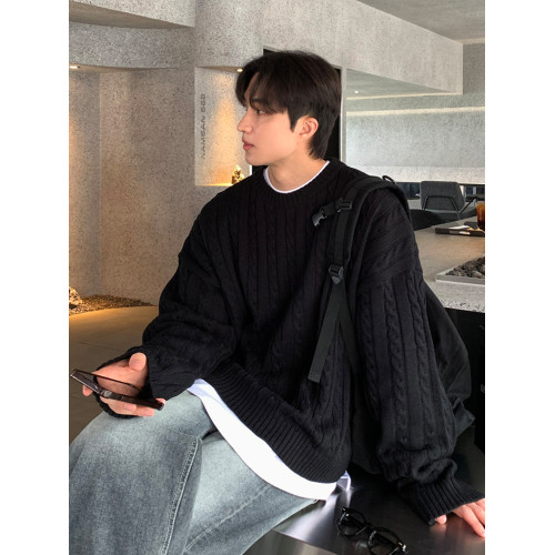 SSUMENAM「極簡風 麻花紋理」黑色毛衣男秋冬極簡內搭針織衫外套