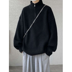 黑色半拉鍊毛衣男款秋冬季大碼寬鬆慵懶痞帥立領內搭針織衫外套潮
