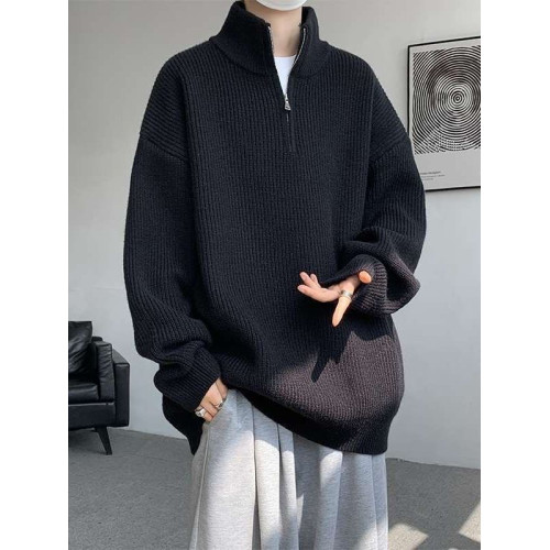 黑色半拉鍊毛衣男款秋冬季大碼寬鬆慵懶痞帥立領內搭針織衫外套潮