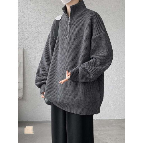 黑色半拉鍊毛衣男款秋冬季大碼寬鬆慵懶痞帥立領內搭針織衫外套潮