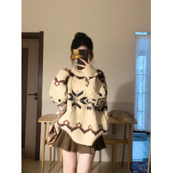 費爾島毛衣女秋冬季加厚寬鬆慵嬾風設計感套頭針織衫聖誕穿搭外套