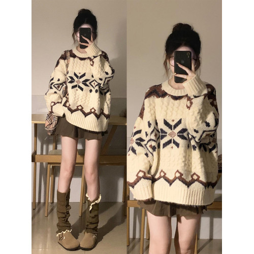 費爾島毛衣女秋冬季加厚寬鬆慵嬾風設計感套頭針織衫聖誕穿搭外套