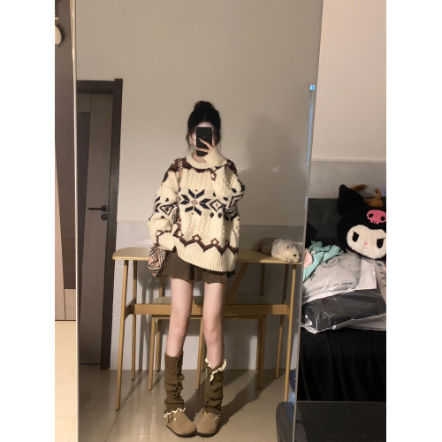 費爾島毛衣女秋冬季加厚寬鬆慵嬾風設計感套頭針織衫聖誕穿搭外套