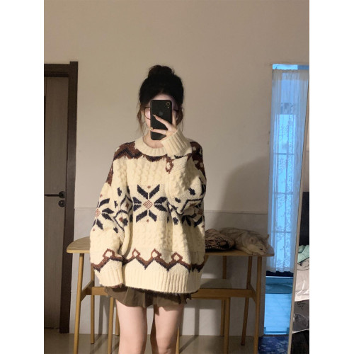 費爾島毛衣女秋冬季加厚寬鬆慵嬾風設計感套頭針織衫聖誕穿搭外套