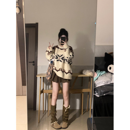 費爾島毛衣女秋冬季加厚寬鬆慵嬾風設計感套頭針織衫聖誕穿搭外套