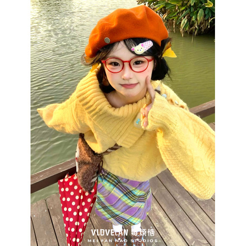 多巴胺甜妹穿搭設計感小衆繙領學院風嬭黃色軟糯麻花針織衫毛衣女