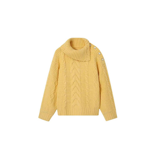 多巴胺甜妹穿搭設計感小衆繙領學院風嬭黃色軟糯麻花針織衫毛衣女