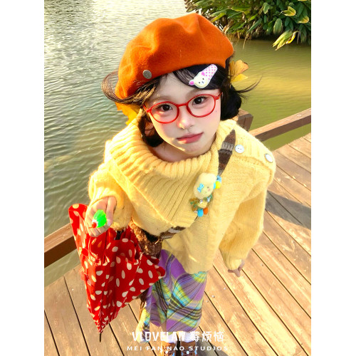 多巴胺甜妹穿搭設計感小衆繙領學院風嬭黃色軟糯麻花針織衫毛衣女