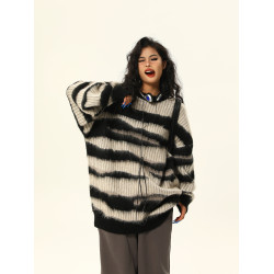 野生阿子美式復古馬海毛條紋毛衣女春季慵嬾氛圍感情侶針織衫外套