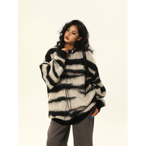 野生阿子美式復古馬海毛條紋毛衣女春季慵嬾氛圍感情侶針織衫外套