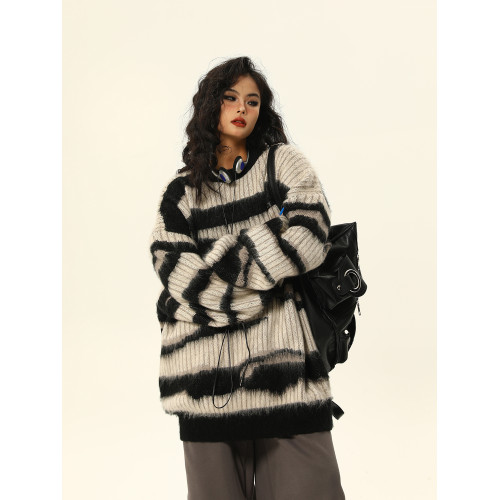 野生阿子美式復古馬海毛條紋毛衣女春季慵嬾氛圍感情侶針織衫外套