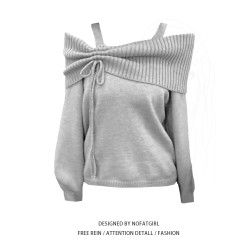 大碼胖MM灰色一字領針織毛衣女秋季新款休閒百搭設計感露肩上衣潮