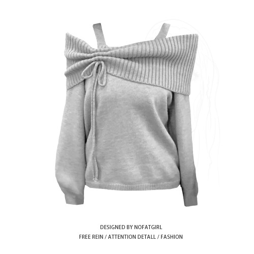大碼胖MM灰色一字領針織毛衣女秋季新款休閒百搭設計感露肩上衣潮