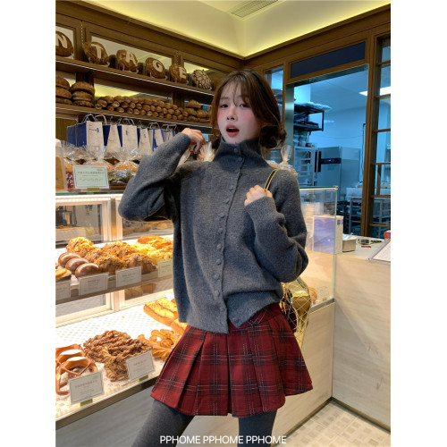 PPHOME自製~聖誕膠片 復古立領兩穿繙領毛衣開衫冬季內搭百搭上衣