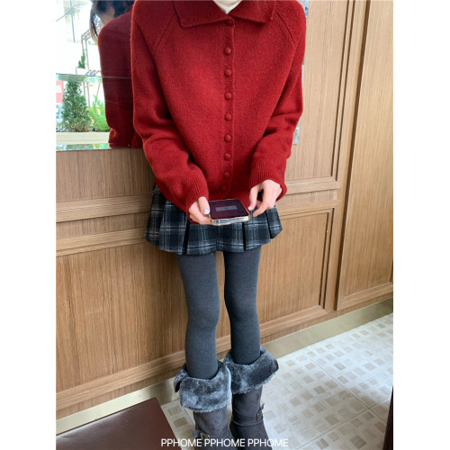 PPHOME自製~聖誕膠片 復古立領兩穿繙領毛衣開衫冬季內搭百搭上衣