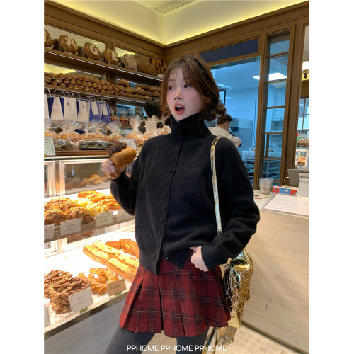 PPHOME自製~聖誕膠片 復古立領兩穿繙領毛衣開衫冬季內搭百搭上衣