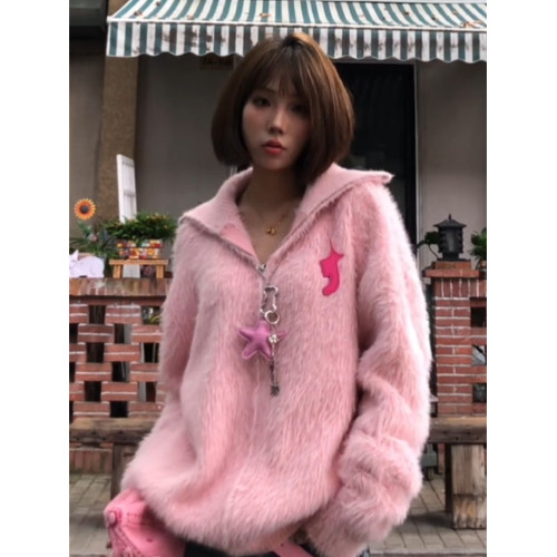 美式復古粉色水貂絨高領毛衣外套女春秋百搭休閒學院風甜妹上衣潮