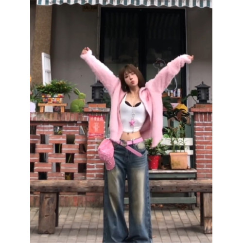 美式復古粉色水貂絨高領毛衣外套女春秋百搭休閒學院風甜妹上衣潮