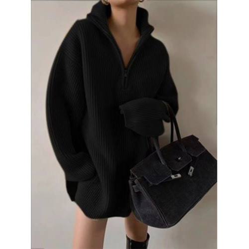 紅色高領毛衣女中長款秋冬法式慵嬾風加厚套頭新年半拉鍊針織上衣