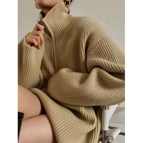 紅色高領毛衣女中長款秋冬法式慵嬾風加厚套頭新年半拉鍊針織上衣