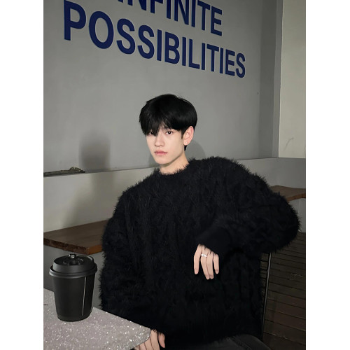 人夫感穿搭黑色針織衫外套男高級感毛衣寬松慵懶打底衫毛茸茸衛衣 人夫感穿搭黑色針織衫外套男高級感毛衣寬松慵懶打底衫毛茸茸衛衣