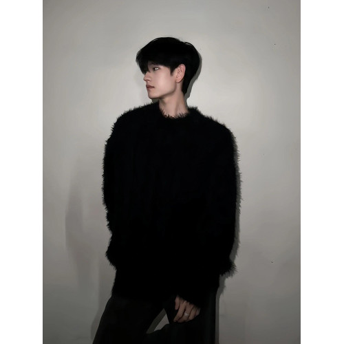 人夫感穿搭黑色針織衫外套男高級感毛衣寬松慵懶打底衫毛茸茸衛衣 人夫感穿搭黑色針織衫外套男高級感毛衣寬松慵懶打底衫毛茸茸衛衣