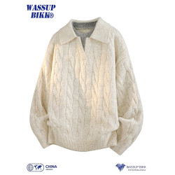 WASSUP BIKK翻領麻花套頭毛衣男秋冬新款加厚慵懶風V領針織衫上衣