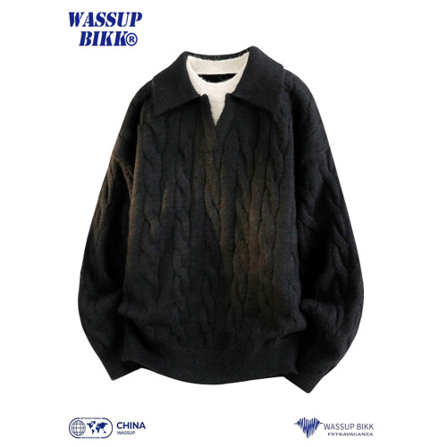 WASSUP BIKK翻領麻花套頭毛衣男秋冬新款加厚慵懶風V領針織衫上衣 WASSUP BIKK翻領麻花套頭毛衣男秋冬新款加厚慵懶風V領針織衫上衣