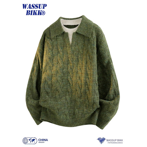 WASSUP BIKK翻領麻花套頭毛衣男秋冬新款加厚慵懶風V領針織衫上衣 WASSUP BIKK翻領麻花套頭毛衣男秋冬新款加厚慵懶風V領針織衫上衣