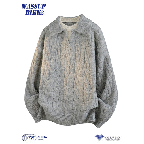 WASSUP BIKK翻領麻花套頭毛衣男秋冬新款加厚慵懶風V領針織衫上衣 WASSUP BIKK翻領麻花套頭毛衣男秋冬新款加厚慵懶風V領針織衫上衣