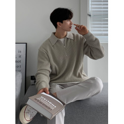 韓版高級感慵懶拉鍊毛衣男休閒潮流寬松翻領針織衫秋冬季長袖上衣