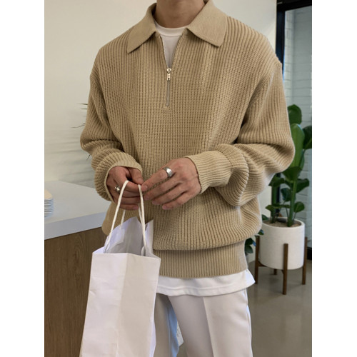 韓版高級感慵懶拉鍊毛衣男休閒潮流寬松翻領針織衫秋冬季長袖上衣 韓版高級感慵懶拉鍊毛衣男休閒潮流寬松翻領針織衫秋冬季長袖上衣