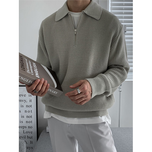 韓版高級感慵懶拉鍊毛衣男休閒潮流寬松翻領針織衫秋冬季長袖上衣 韓版高級感慵懶拉鍊毛衣男休閒潮流寬松翻領針織衫秋冬季長袖上衣