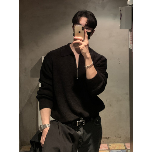 韓版高級感慵懶拉鍊毛衣男休閒潮流寬松翻領針織衫秋冬季長袖上衣 韓版高級感慵懶拉鍊毛衣男休閒潮流寬松翻領針織衫秋冬季長袖上衣